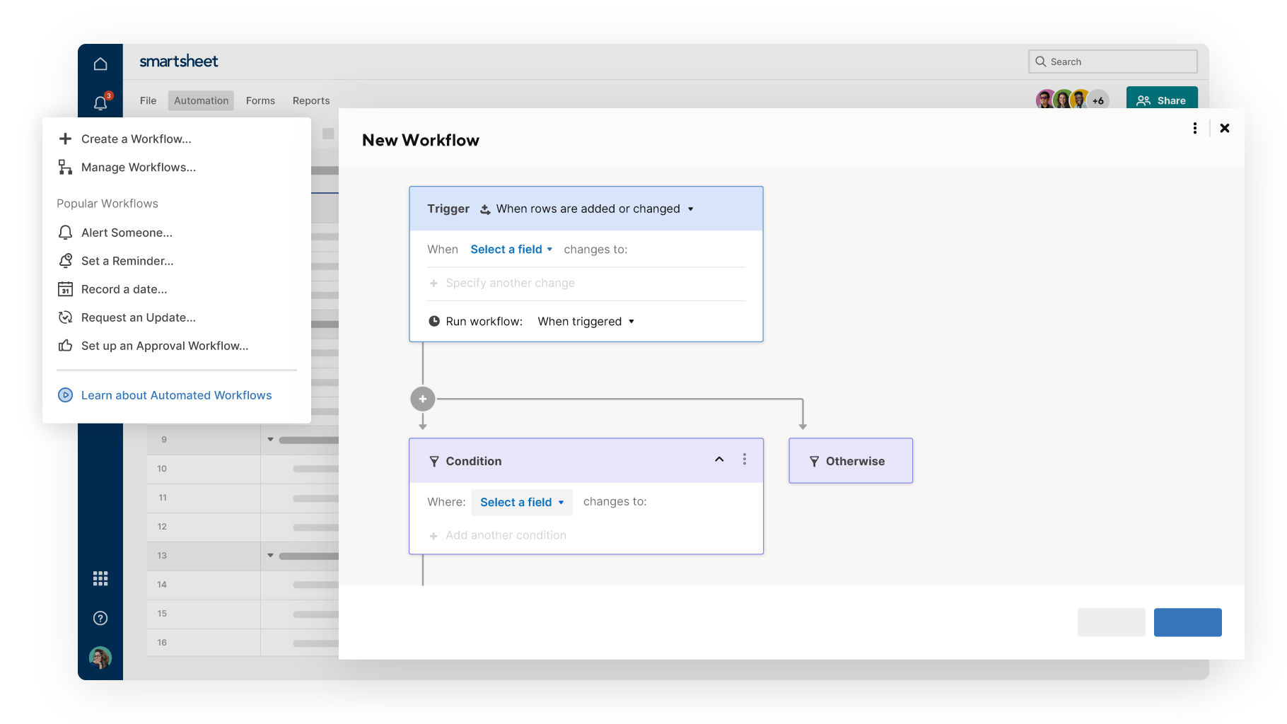 Smartsheet automation new workflow screen