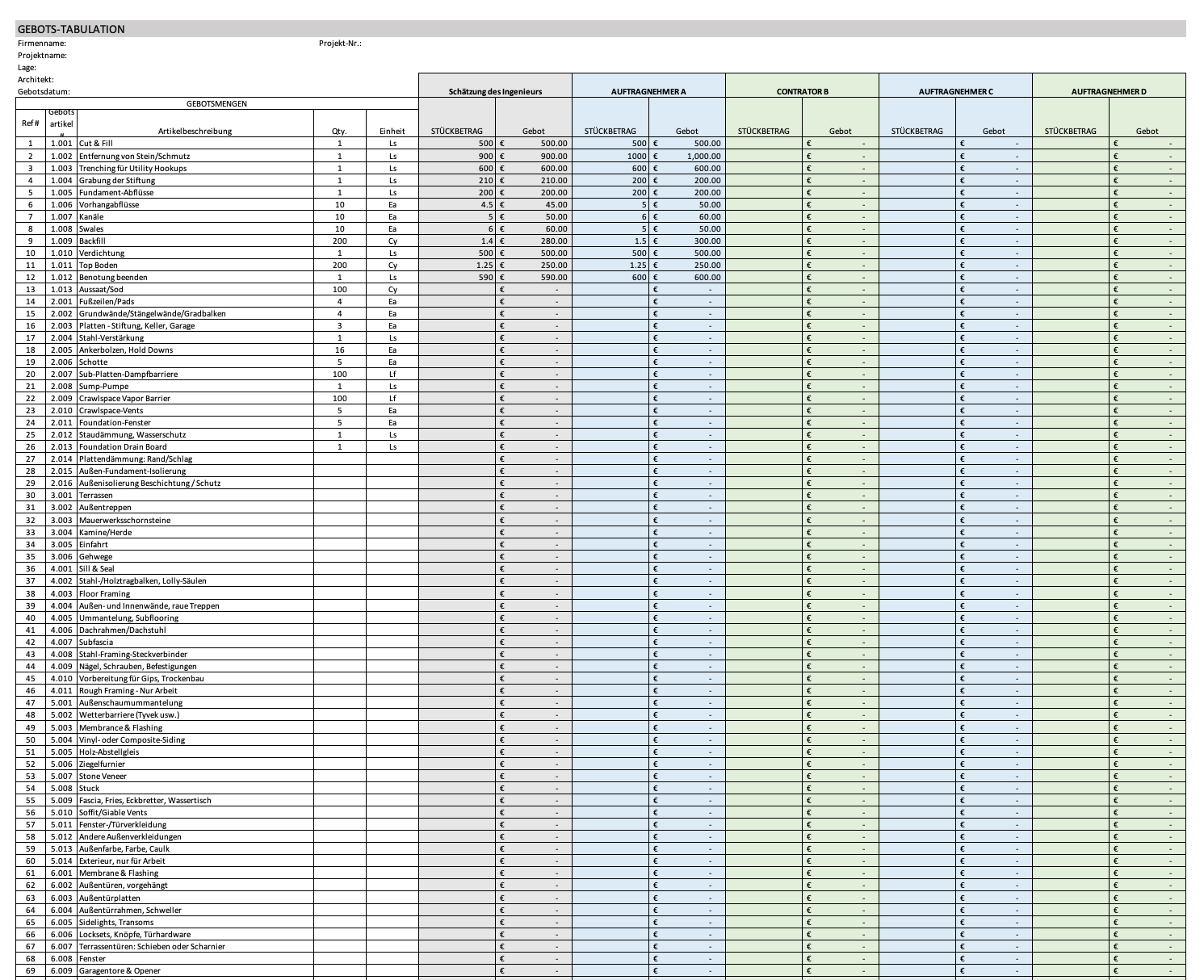 Excel Construction Project Management Templates Bid Tabulation German