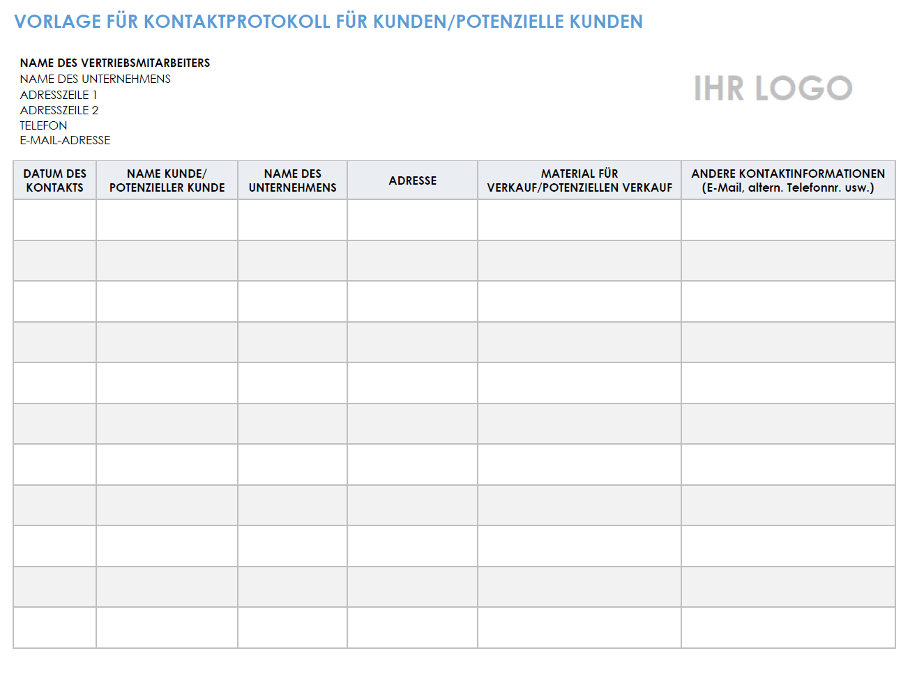 Vorlage für das Kundenkontaktprotokoll