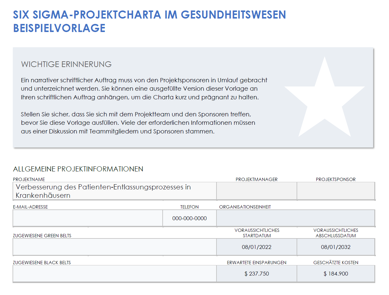  Beispielvorlage für eine Six-Sigma-Projektcharta im Gesundheitswesen