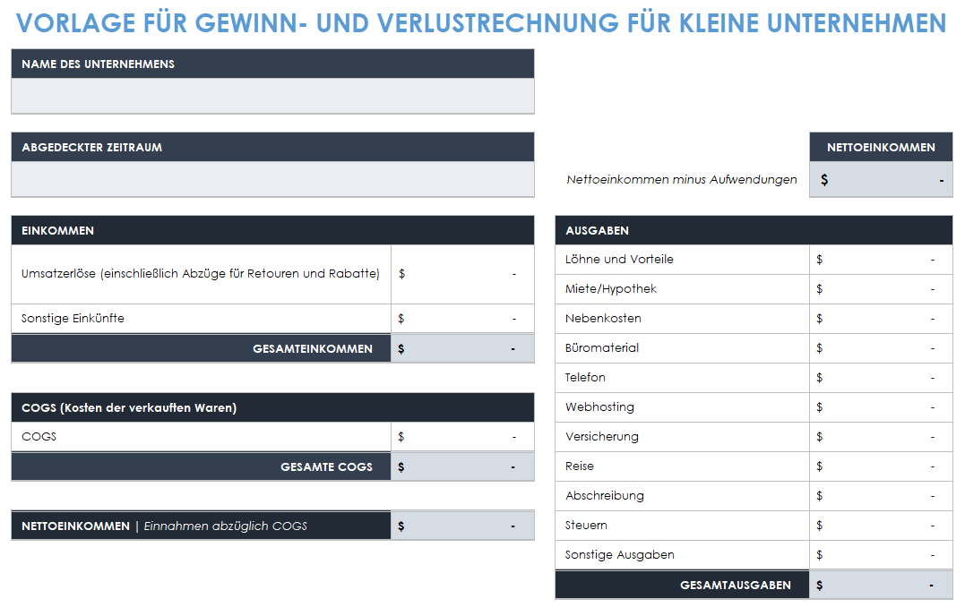  Vorlage für die Gewinn- und Verlustrechnung für Kleinunternehmen