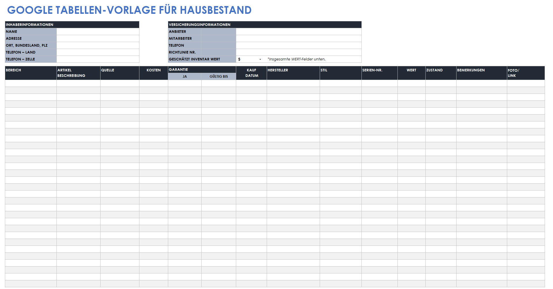  Google Sheets-Hausinventarvorlage