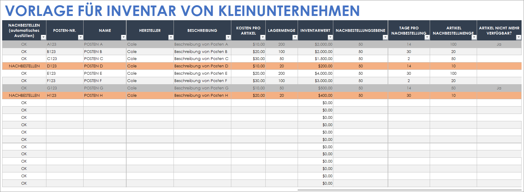  Vorlage für das Inventar von Kleinunternehmen