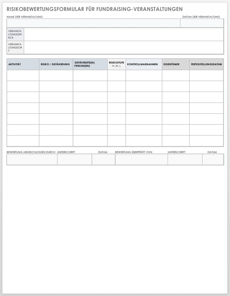 Vorlage für das Risikobewertungsformular für Fundraising-Veranstaltungen
