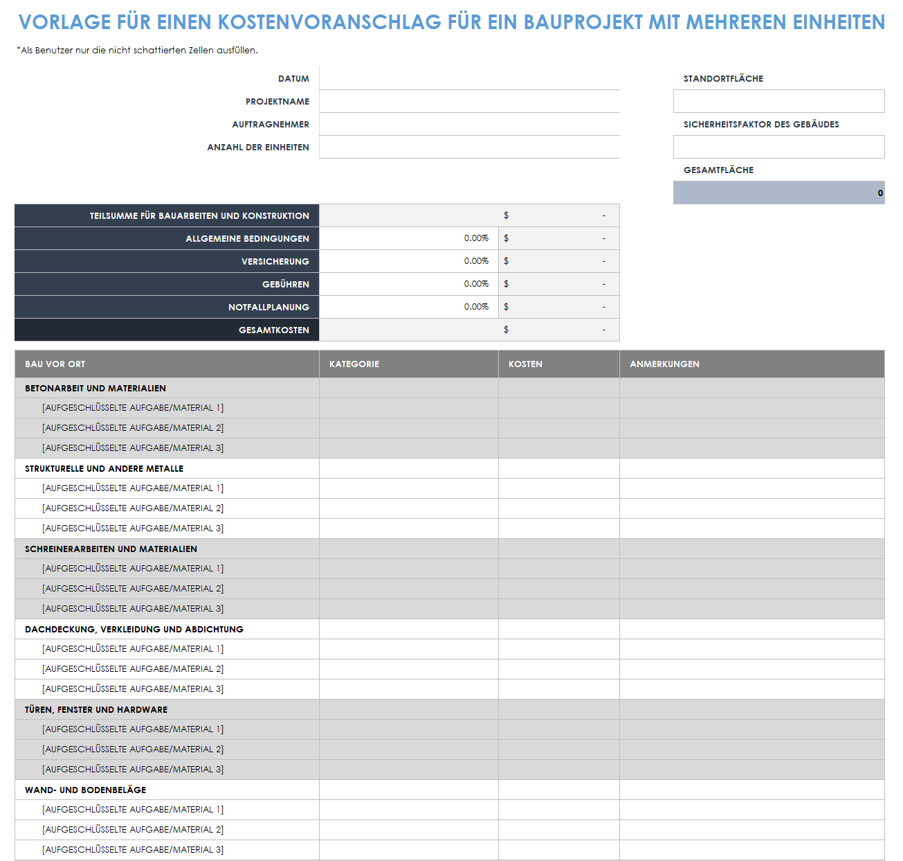 Vorlage für einen Kostenvoranschlag für ein Bauprojekt mit mehreren Einheiten