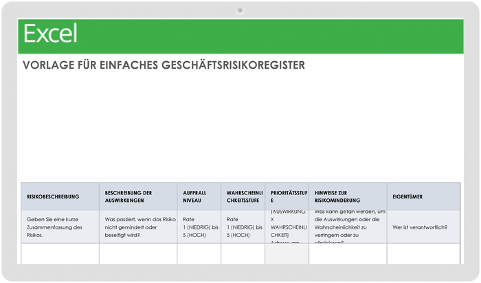  Einfache Vorlage für das Geschäftsrisikoregister