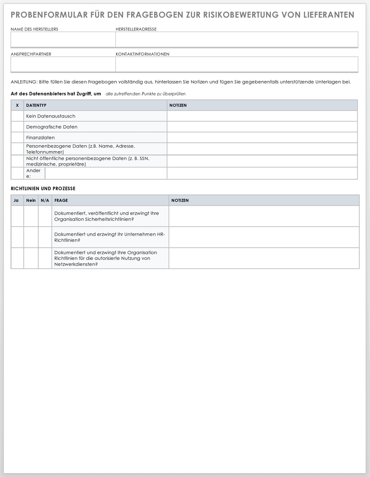 Beispielformular für einen Fragebogen zur Risikobewertung von Anbietern