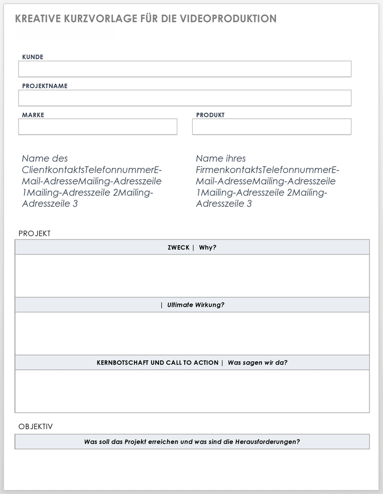  Vorlage für kreatives Briefing für die Videoproduktion